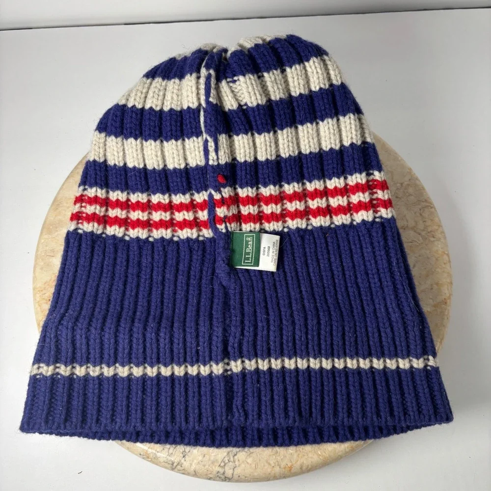 Vintage L.L. Bean Beanie OSFA Blue Striped 100% Lambswool‎ Pom Pom Winter Hat